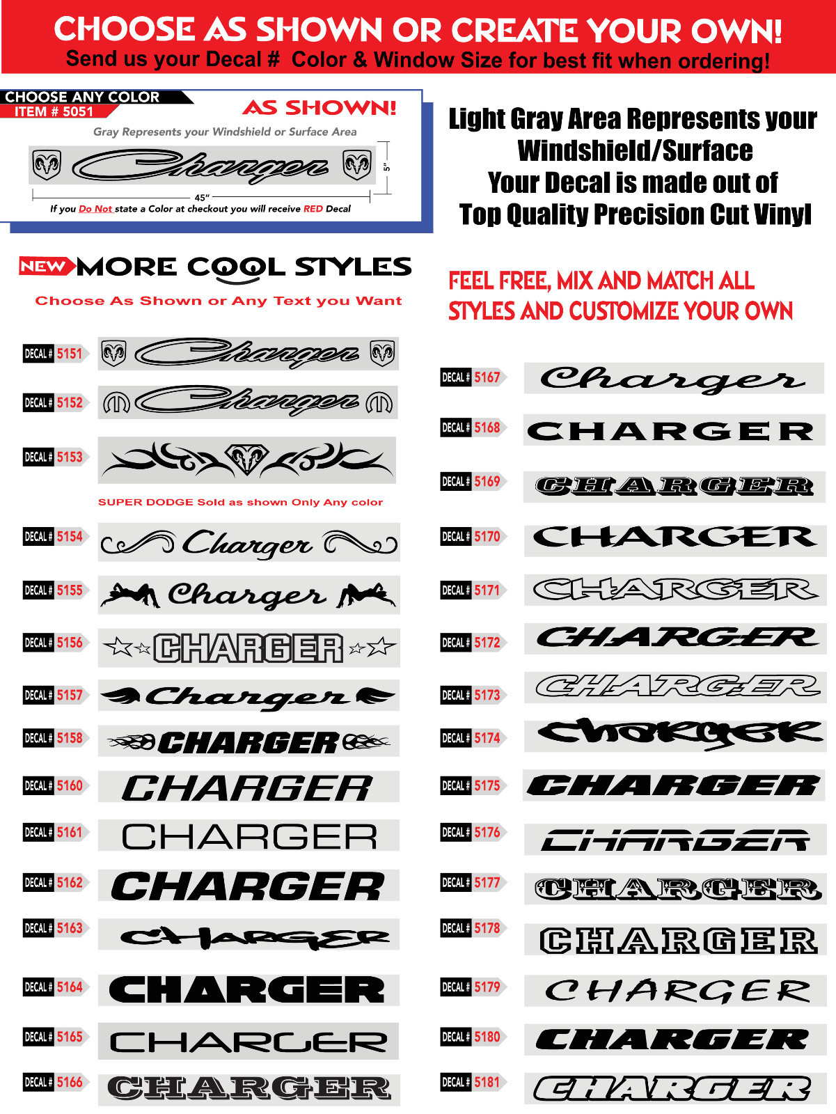 CUSTOM TEXT " CHARGER " RT SRT WINDSHIELD VINYL DECAL STICKER 44"w x 4"h