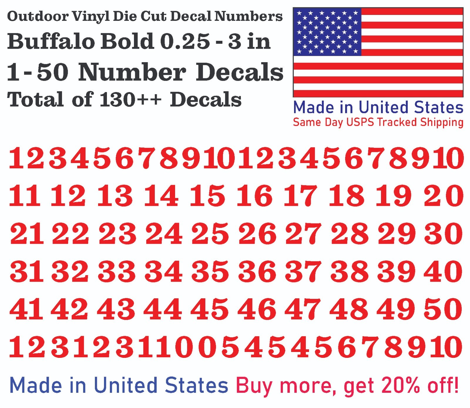 1-50 Buffalo Bold Vinyl Decal Sticker Numbers for Mailbox, Address, Locker Shop