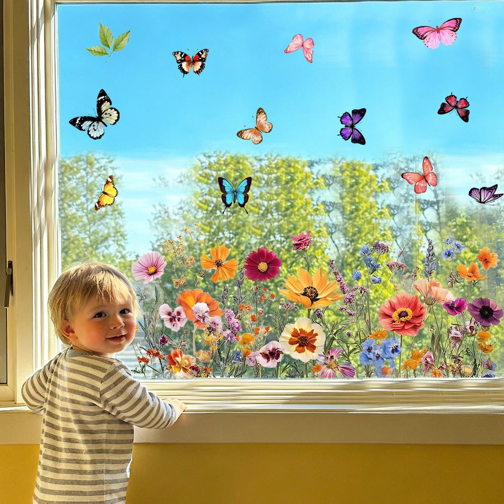 Floral Butterfly Theme Static Cling Window Sticker 11.81×23.62in Purple PVC