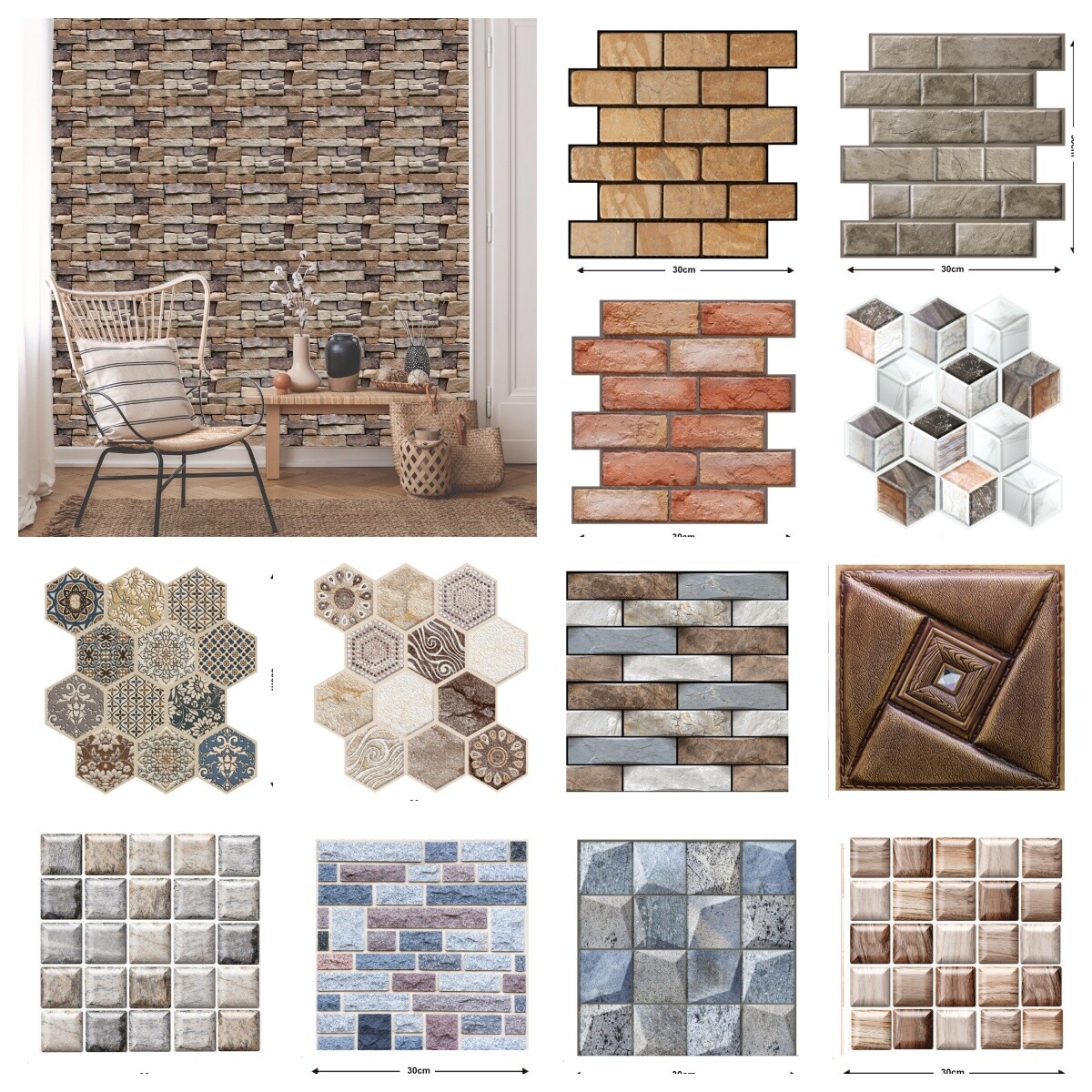 12"x12" 10Pcs 3D Wall Sticker Tile Brick Panel Self-adhesive Wall Waterproof PVC