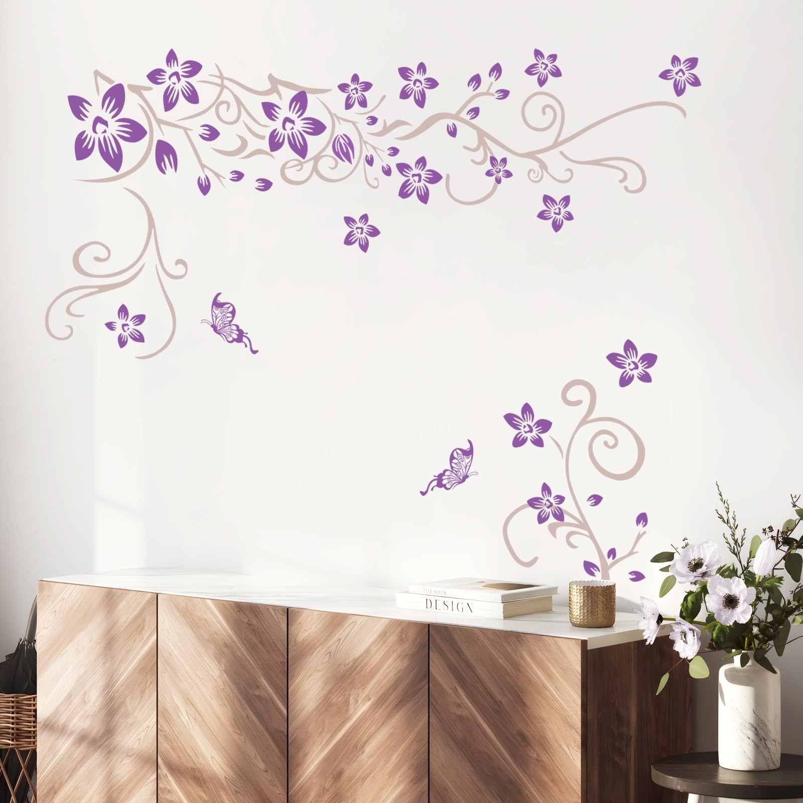 Supzone Flowers Vine Wall Decals Purple Flowers Wall Stickers Butterfly Wall Dec