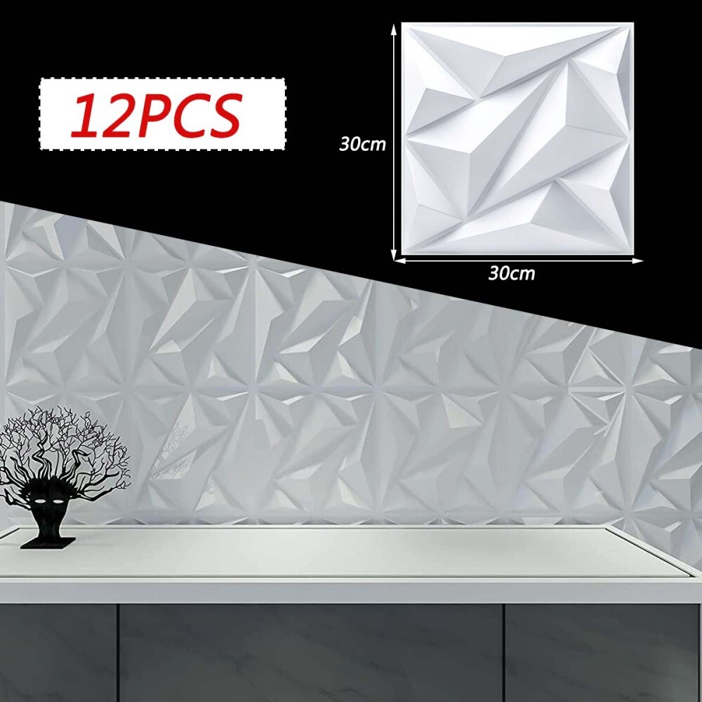12Pcs PVC 3D Effect Wall Panels 30x30cm for DIY Wallpaper Home Decor White Color