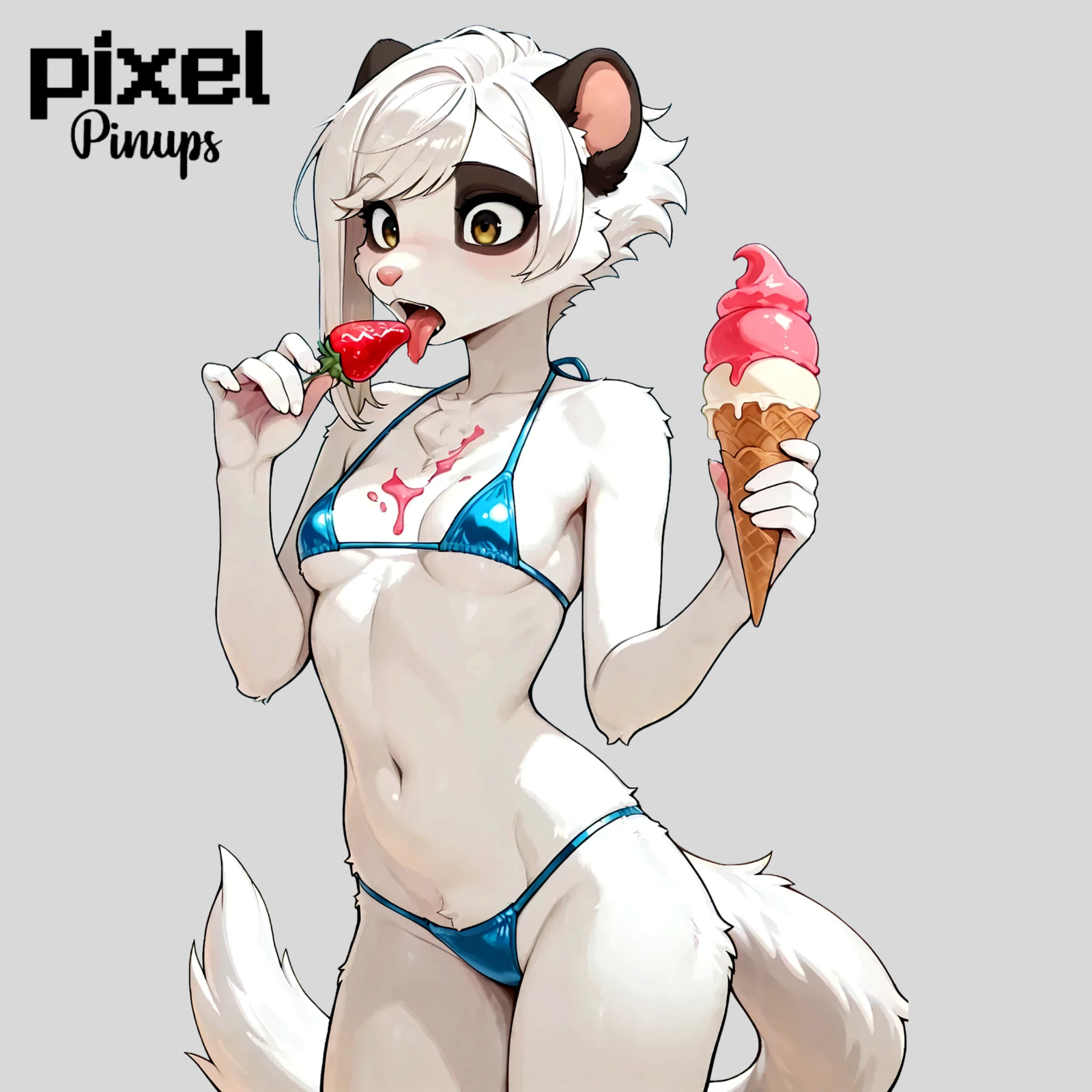 Furry Ferret Girl Pinup Sticker 5.1" Pip Blue Bikini Beach Ice Cream Waifu
