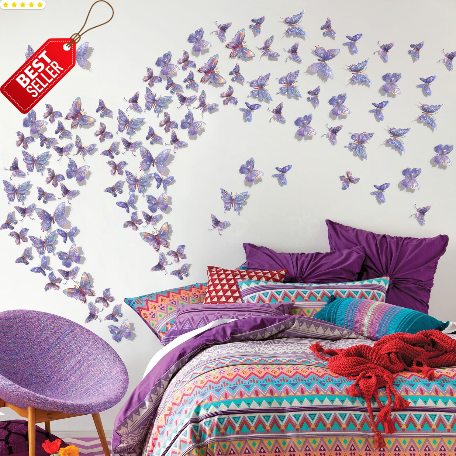 3D Butterfly Wall Decor – 50PCS Removable PVC Butterflies Wall Stickers- Multi-S