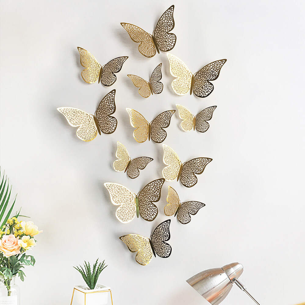 12 pcs 3d cute rose, silver, and gold butterfly wall decor, party, wedding, diy