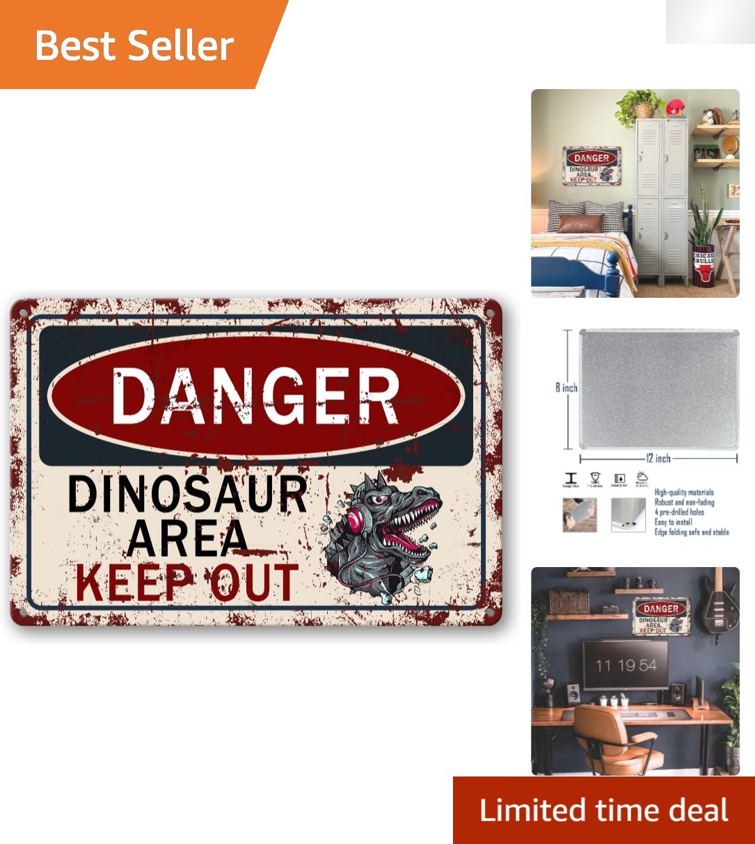 Eco-Friendly 8×12 Inch Dinosaur Metal Tin Sign – Fun Wall Decor for All Spaces