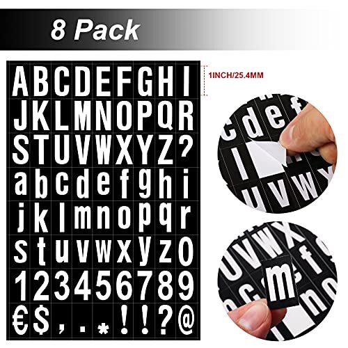 8 Sheets Self-Adhesive Vinyl Letters Numbers Kit, 1 Inch Black, White in Back