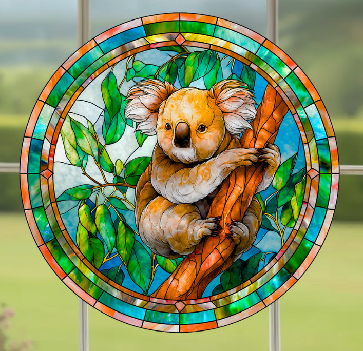 Koala Bear Faux Stained-Glass WINDOW CLING Size 8" Round Repositionable Vinyl