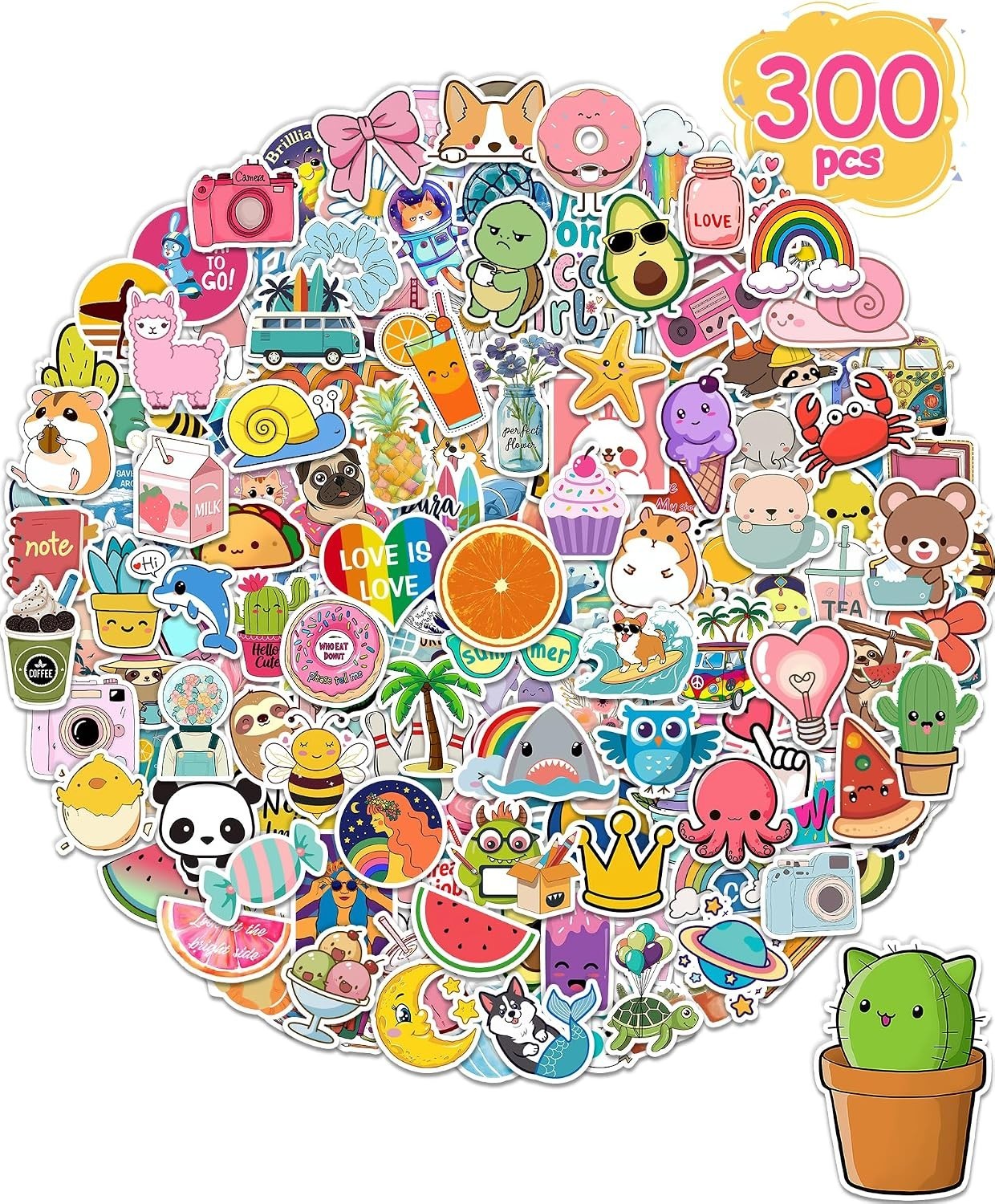 300PCS Cute Waterproof Vinyl Stickers for Kids Teens Water Bottles Laptops
