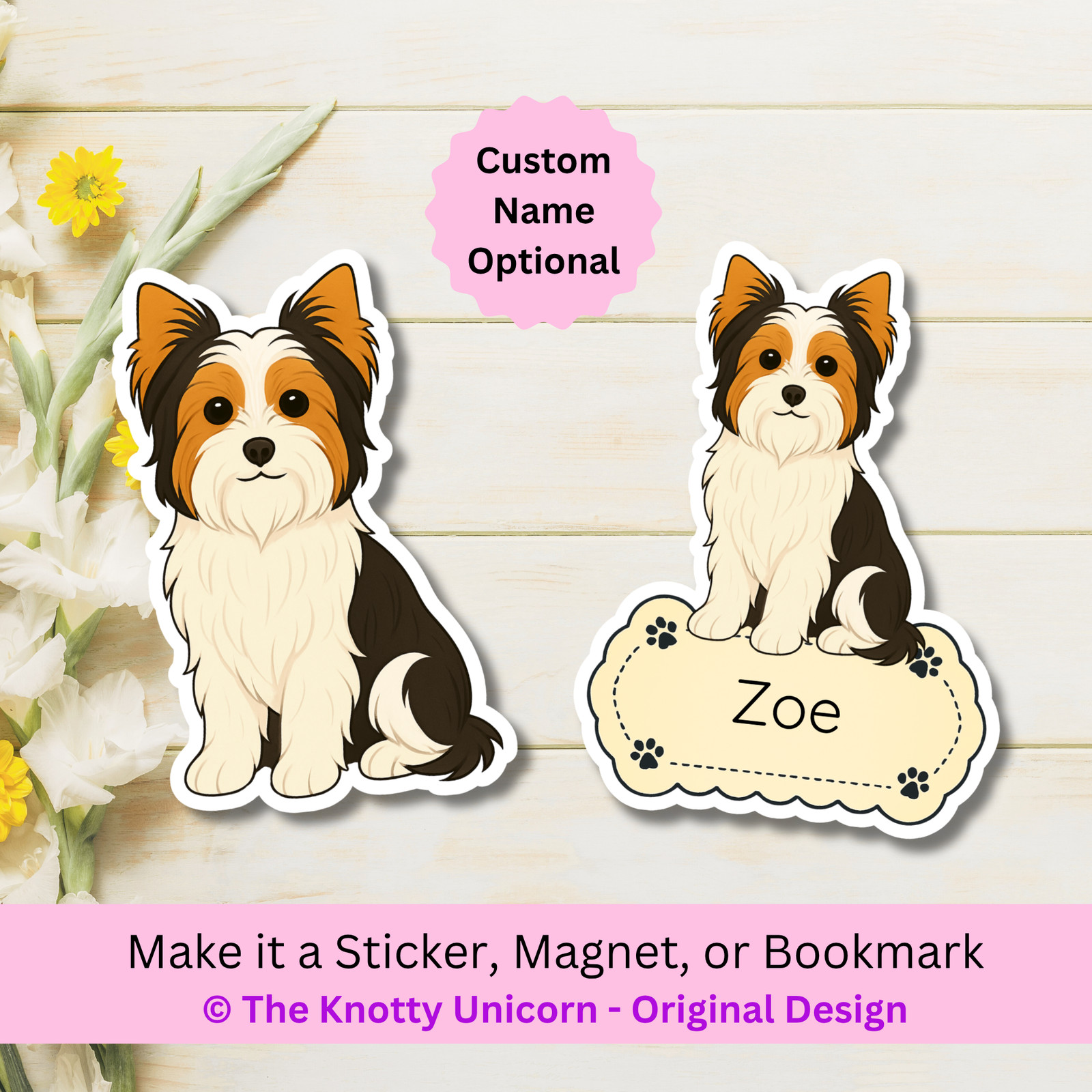 Personalized Biewer Terrier Dog Sticker Magnet Bookmark – Tri-Color