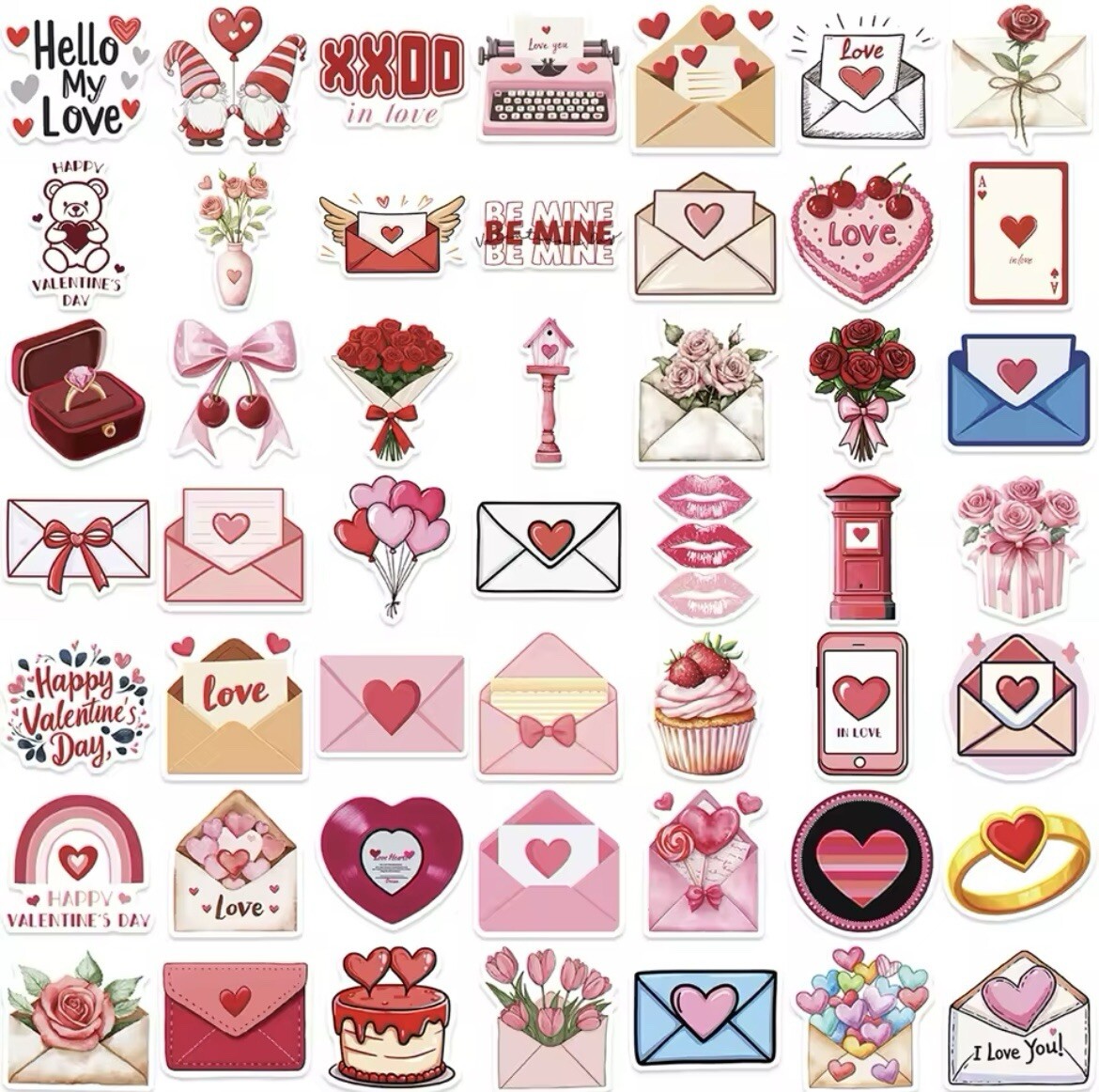Valentines Day Envelope Style Stickers 50pk Mixed Fun Stickers Hearts Valentines