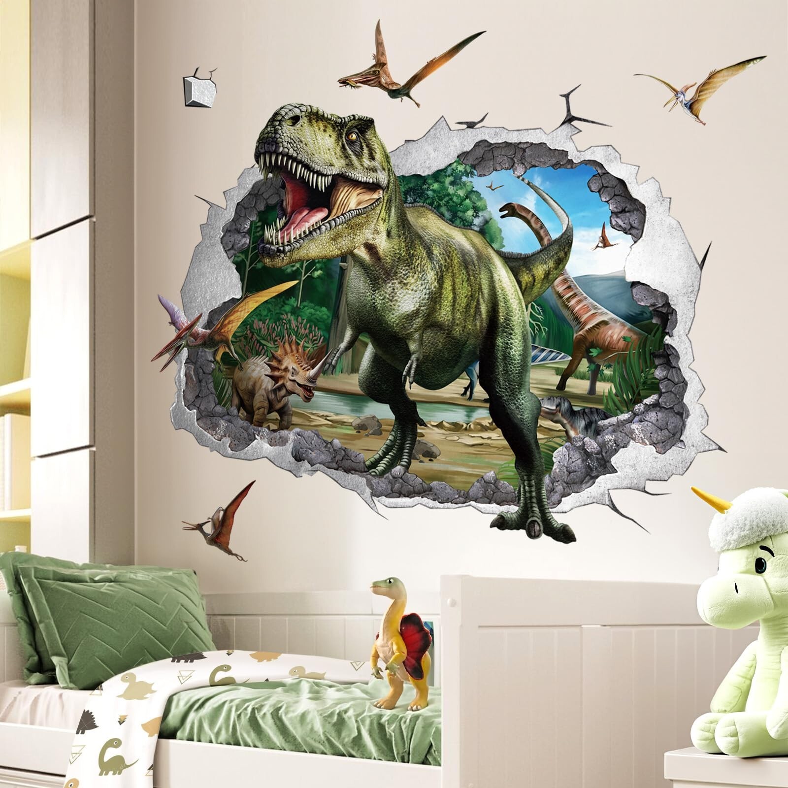 wondever 3D Large Dinosaur Wall Stickers Dino Crack Hole Dinosaur Animal Peel…