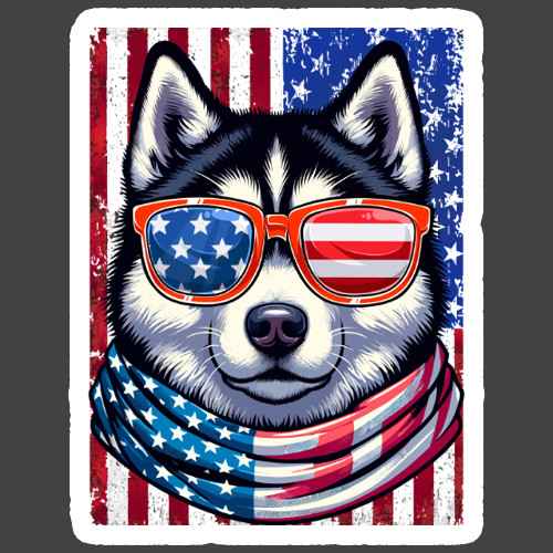 Husky Sticker Vinyl Decal Patriotic USA Flag Sunglasses Dog Portrait
