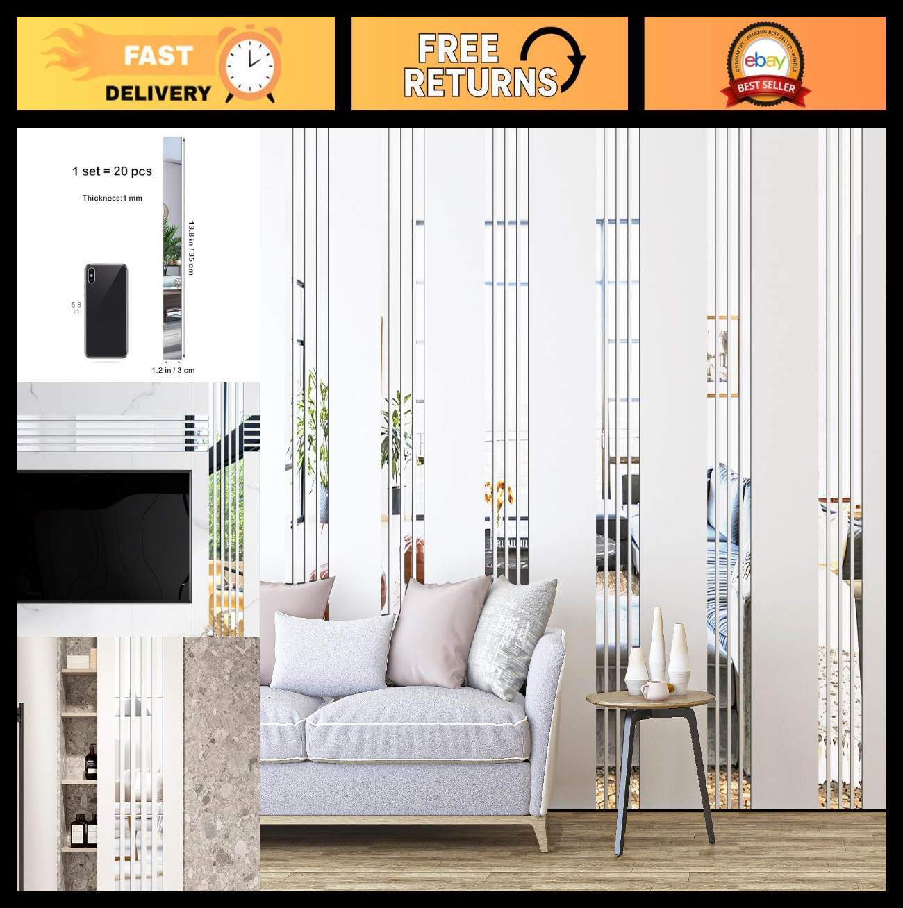 Acrylic Peel and Stick Wall Decor Strips, Vertical Tiles for Entryway & Bathroom