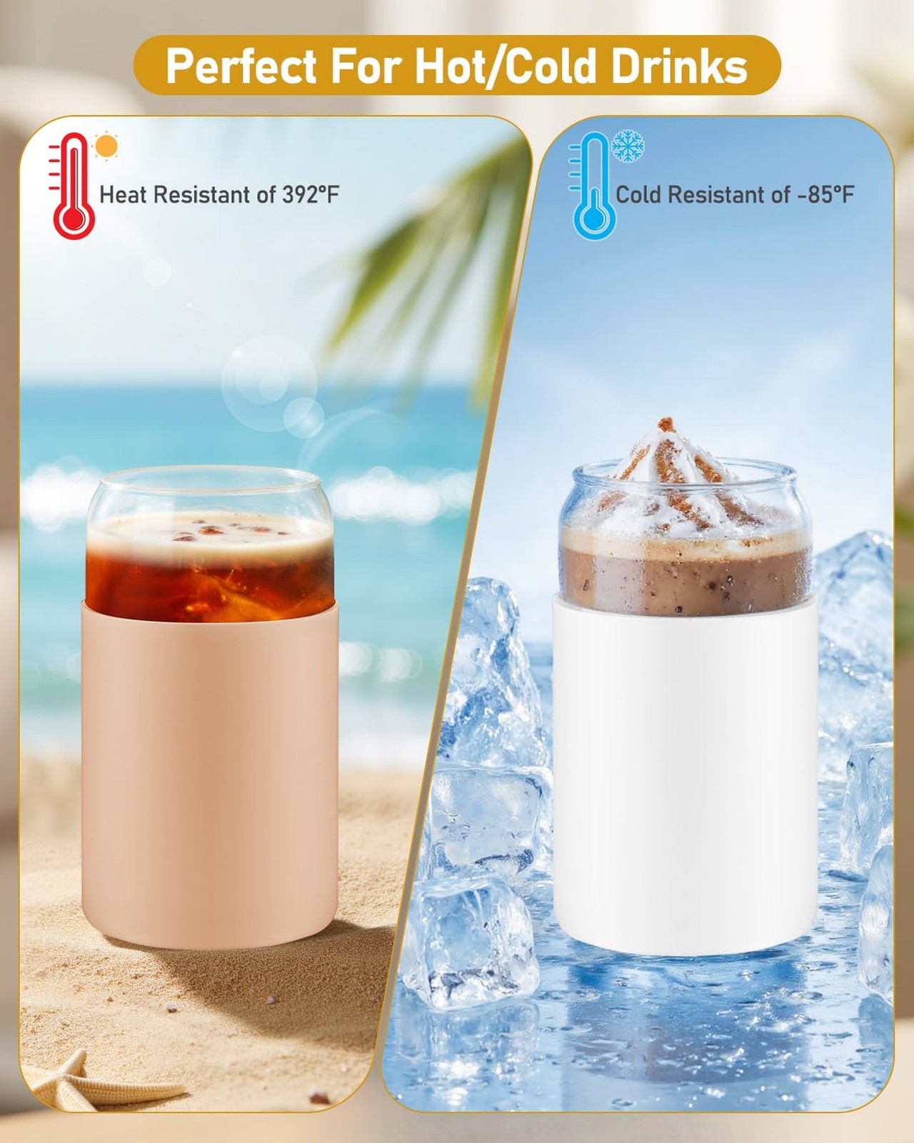 sungwoo Glass Cups with Lids and Straws, 4 Pack 16OZ Iced Coffee Cups with Si…