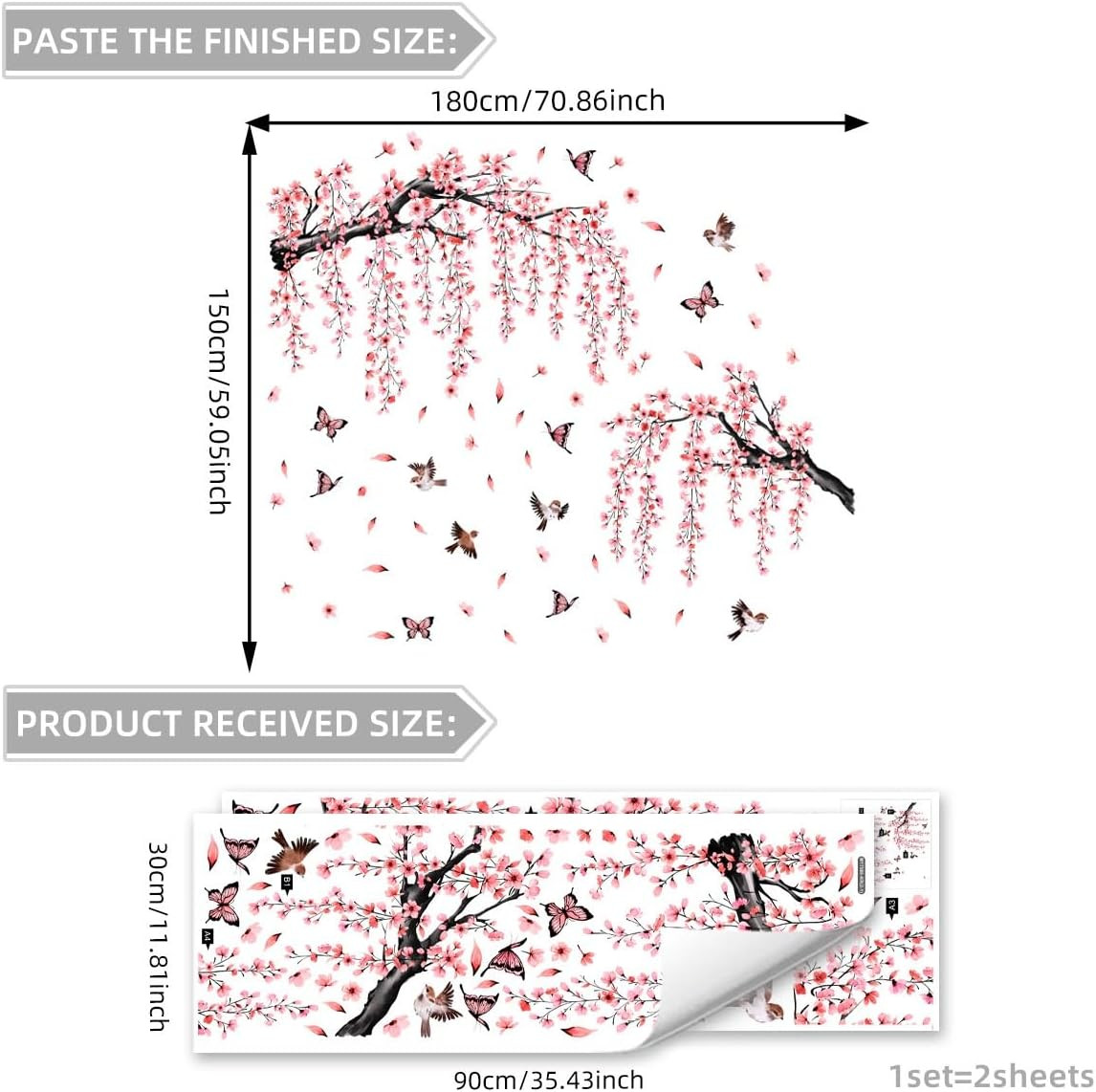 Large Cherry Blossom Wall Decals with Butterflies and Birds, Pink Floral Tree Br