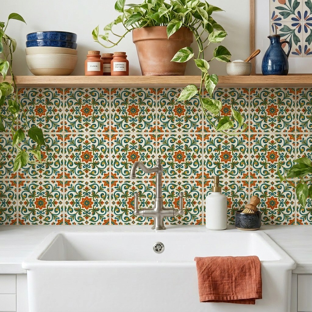 Peel and Stick Tile Stickers Terracotta Green Mediterranean Kitchen Backsplash