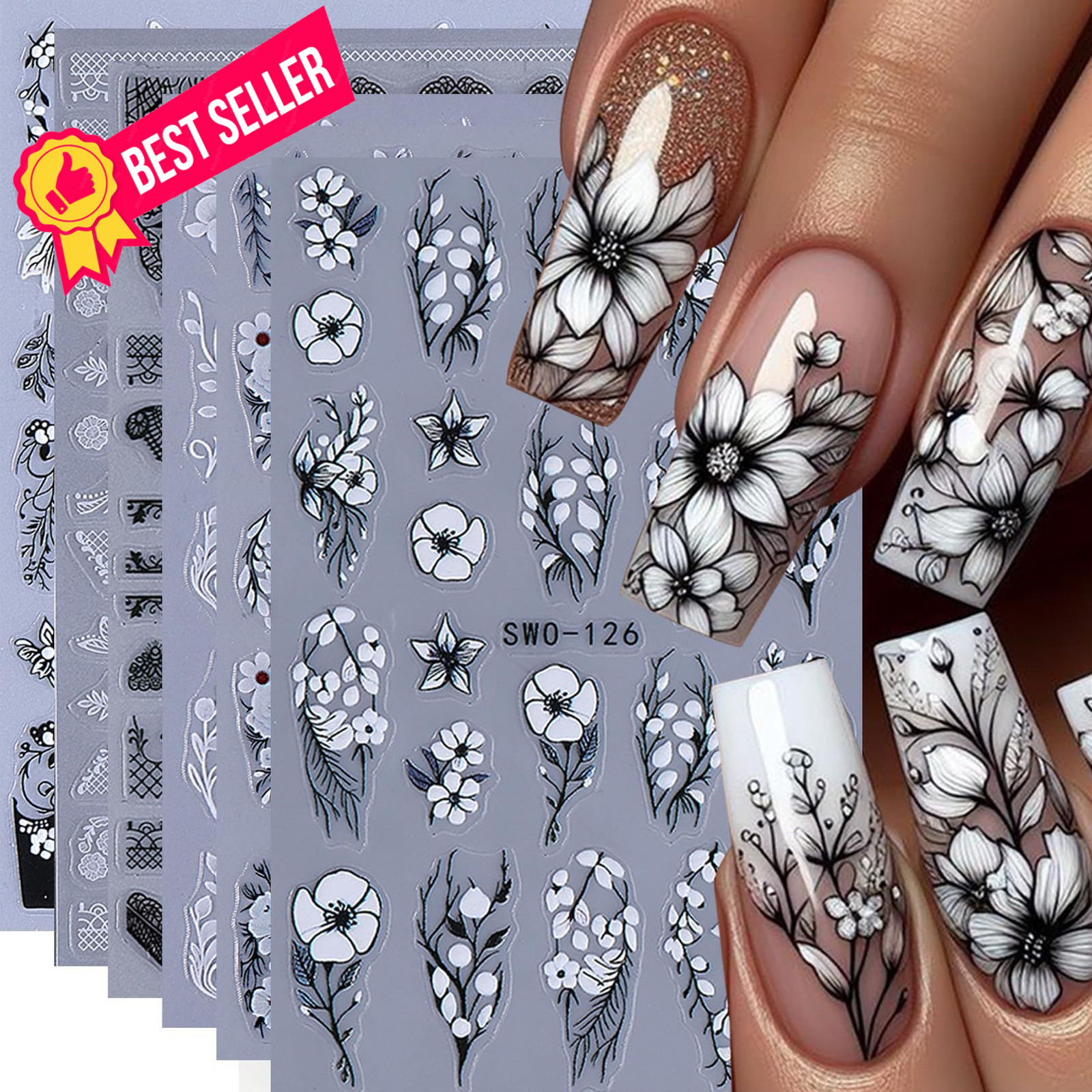 Lace Flower Nail Art Stickers 6 Sheets Black 2.56 x 4 x 0.04 inches, Colorful