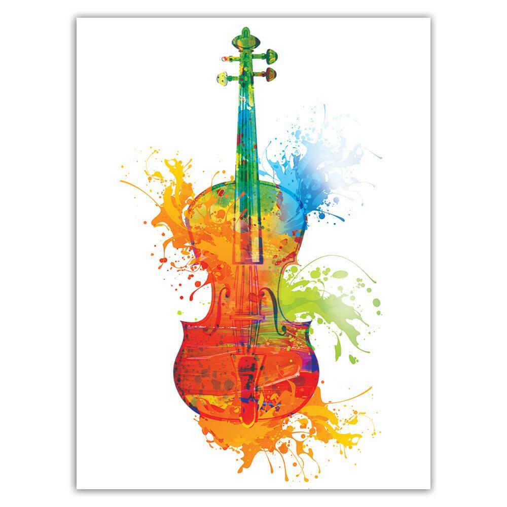 Gift Sticker : Bright Colors Violin Paint Blots Musical Notes Score Classic Art