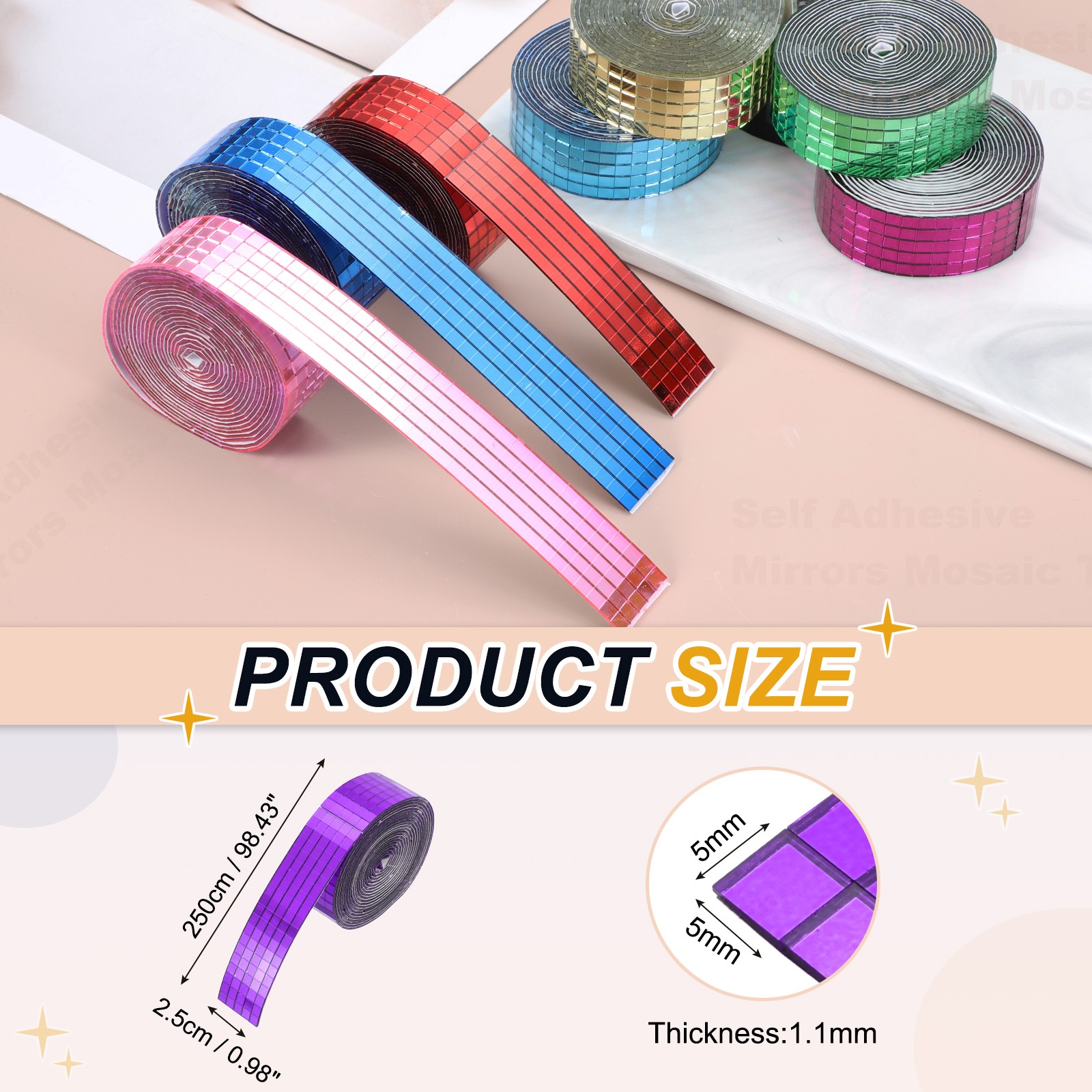 5x5mm Self Adhesive Mirrors Mosaic Tiles, 2500 Pcs Mosaic Sticker, Purple