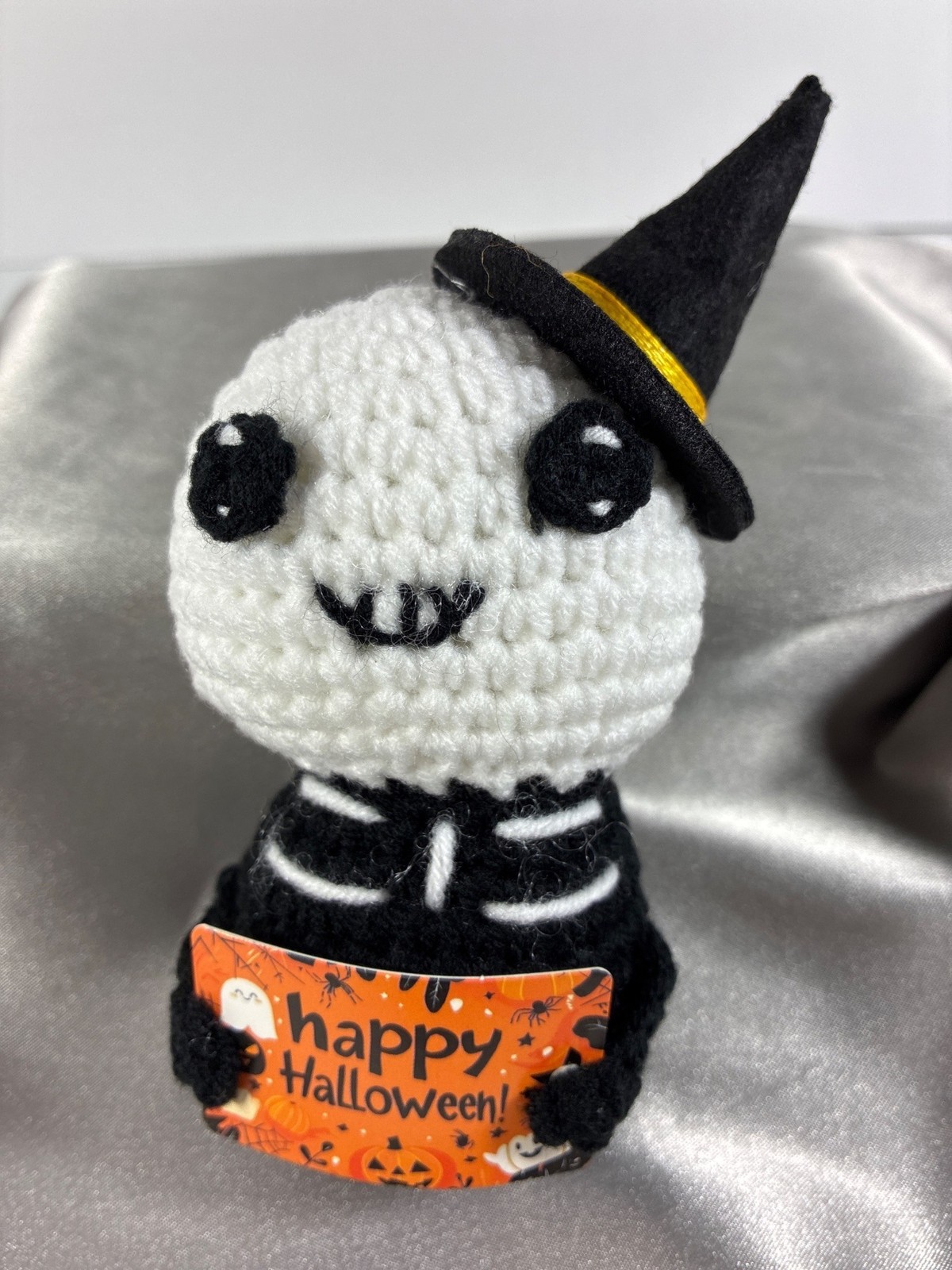 Halloween Plush Skeleton Doll Crochet Face Witch Hat Happy Halloween Boxed 5.25"