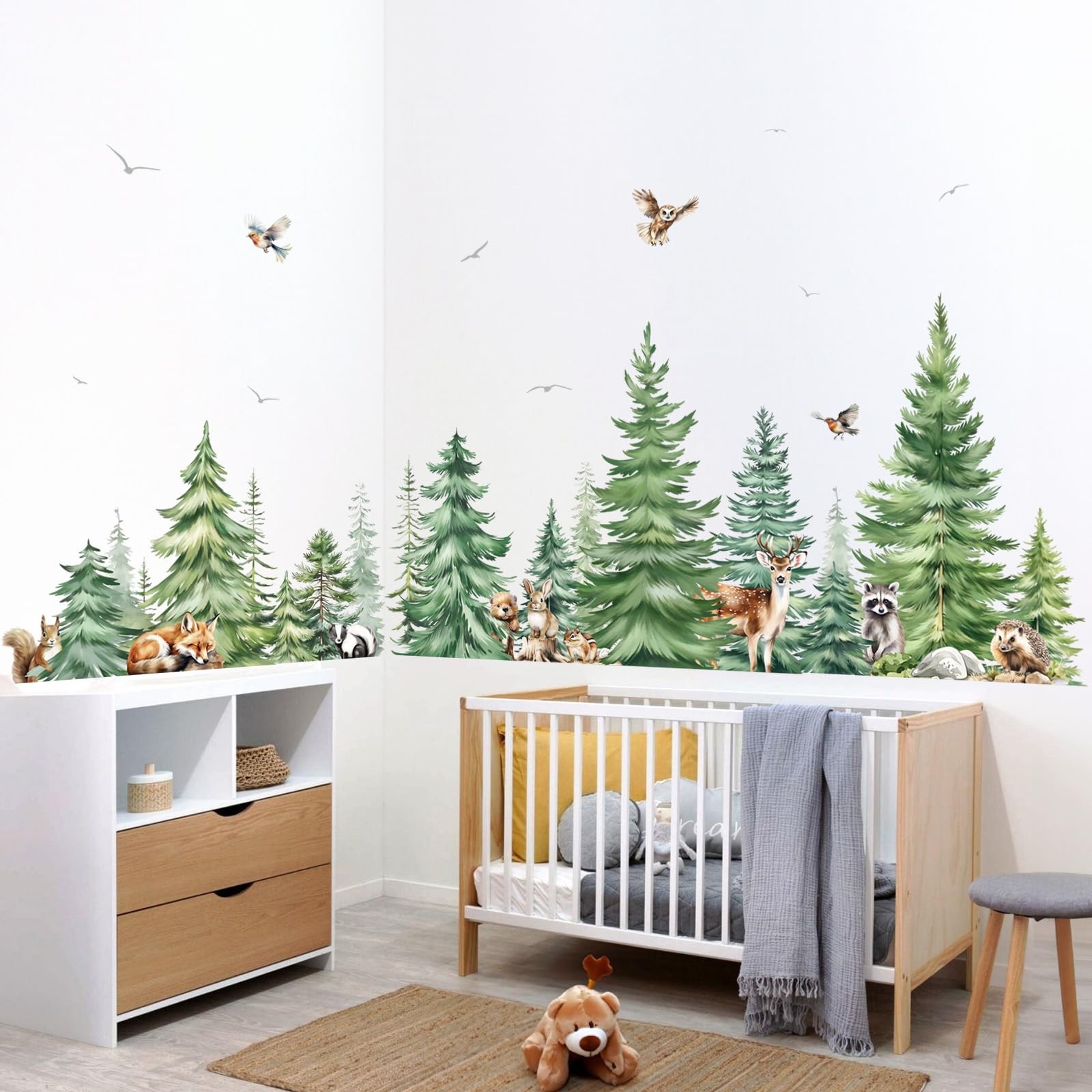 decalmile Large Watercolor Pine Tree Animals Wall Stickers Woodland Green