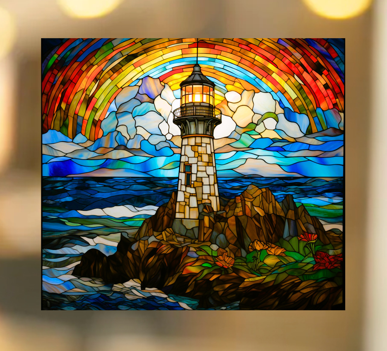 Lighthouse Faux Stained-Glass WINDOW CLING Size 9.1" Repositionable Vinyl