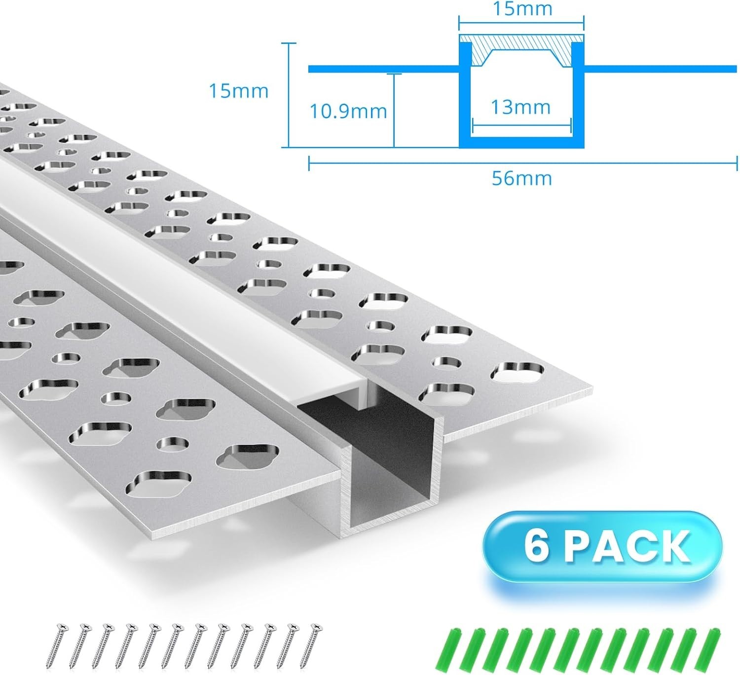 Aluminum LED Channel 6 Pack 1M (3.3FT) Each, Plaster-In Recessed Aluminum Profil