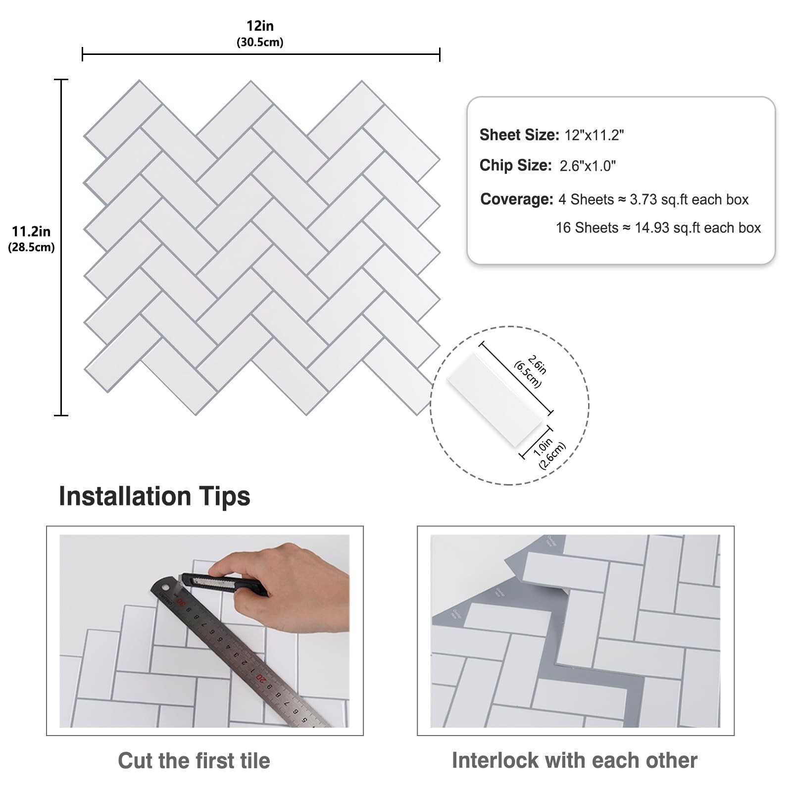 4 Sheets White Herringbone Peel and Stick Backsplash for Kitchen 12"x12" Peel…
