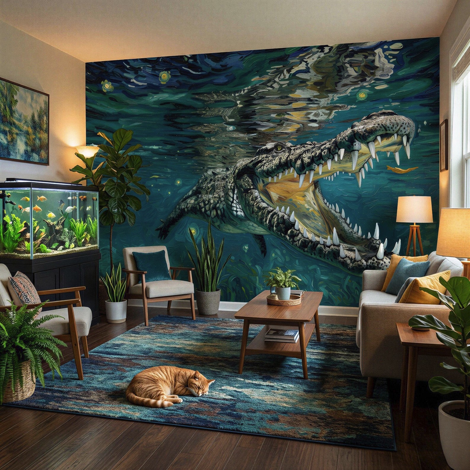 Underwater Alligator Crocodile Wall Mural, Van Gogh Starry Night Style Wallpaper