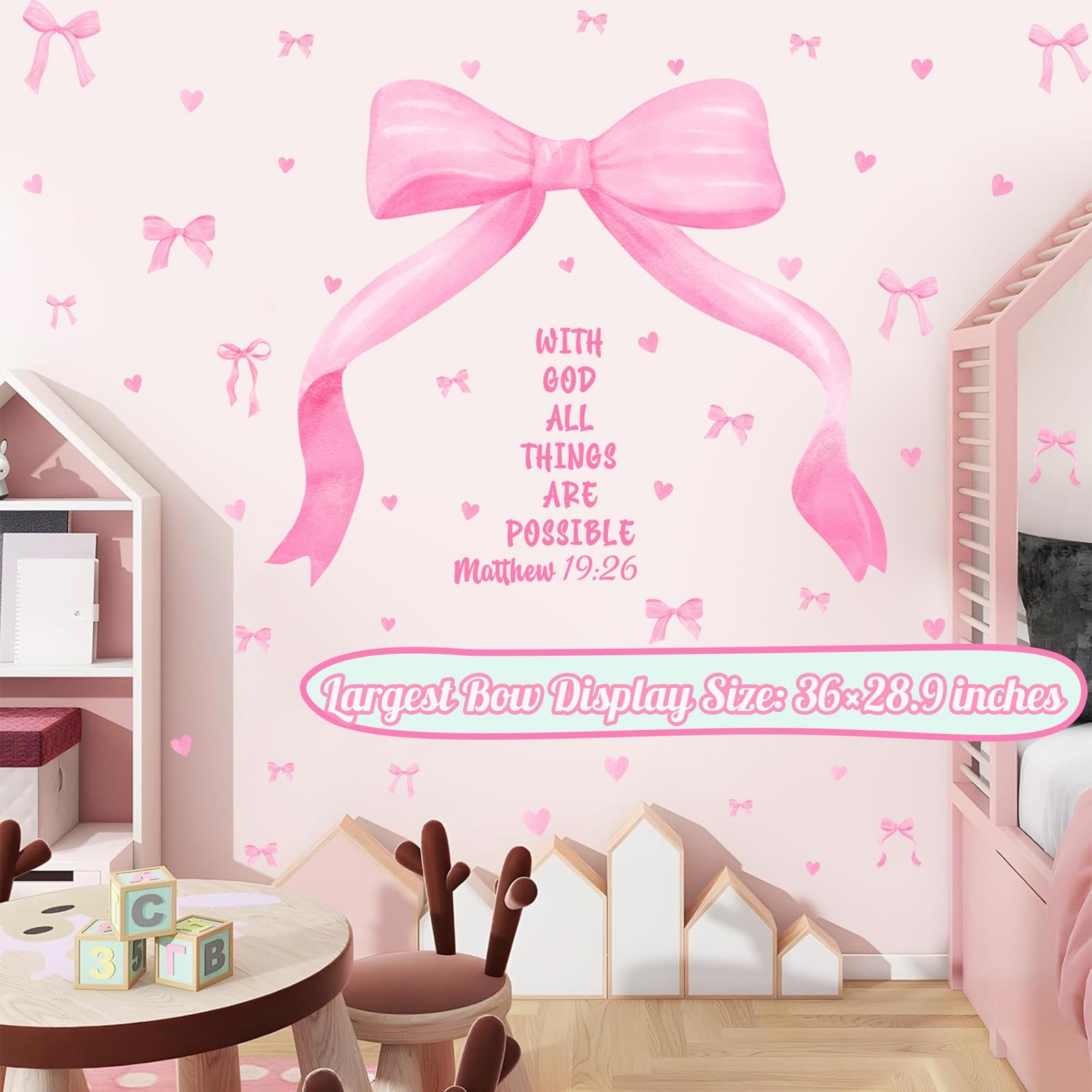 Large Watercolor Girls Room Wall Decals Pink Bow Wall Stickers Peel and Stick…
