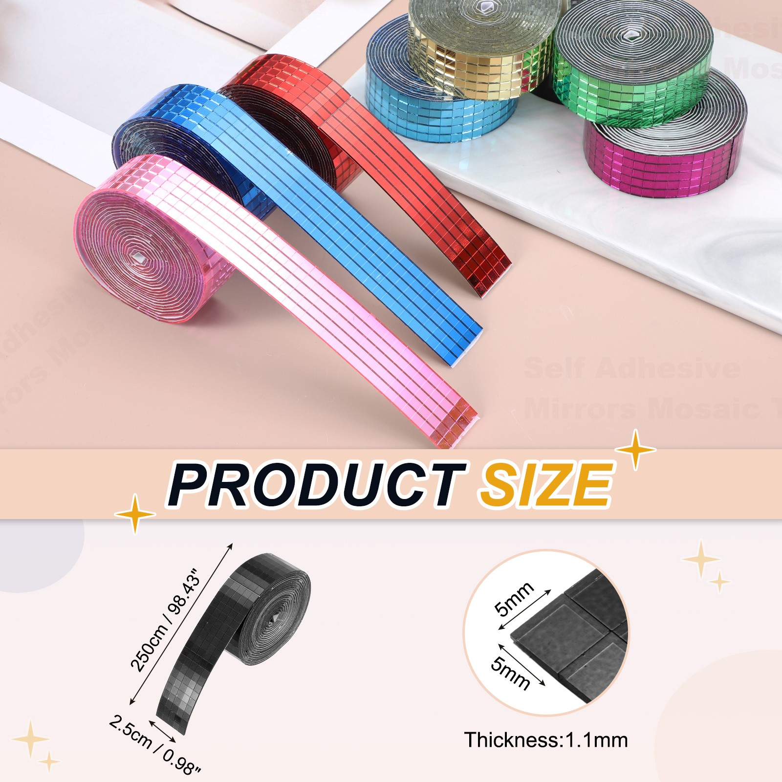 5x5mm Self Adhesive Mirrors Mosaic Tiles, 2500 Pcs Mosaic Sticker, Black