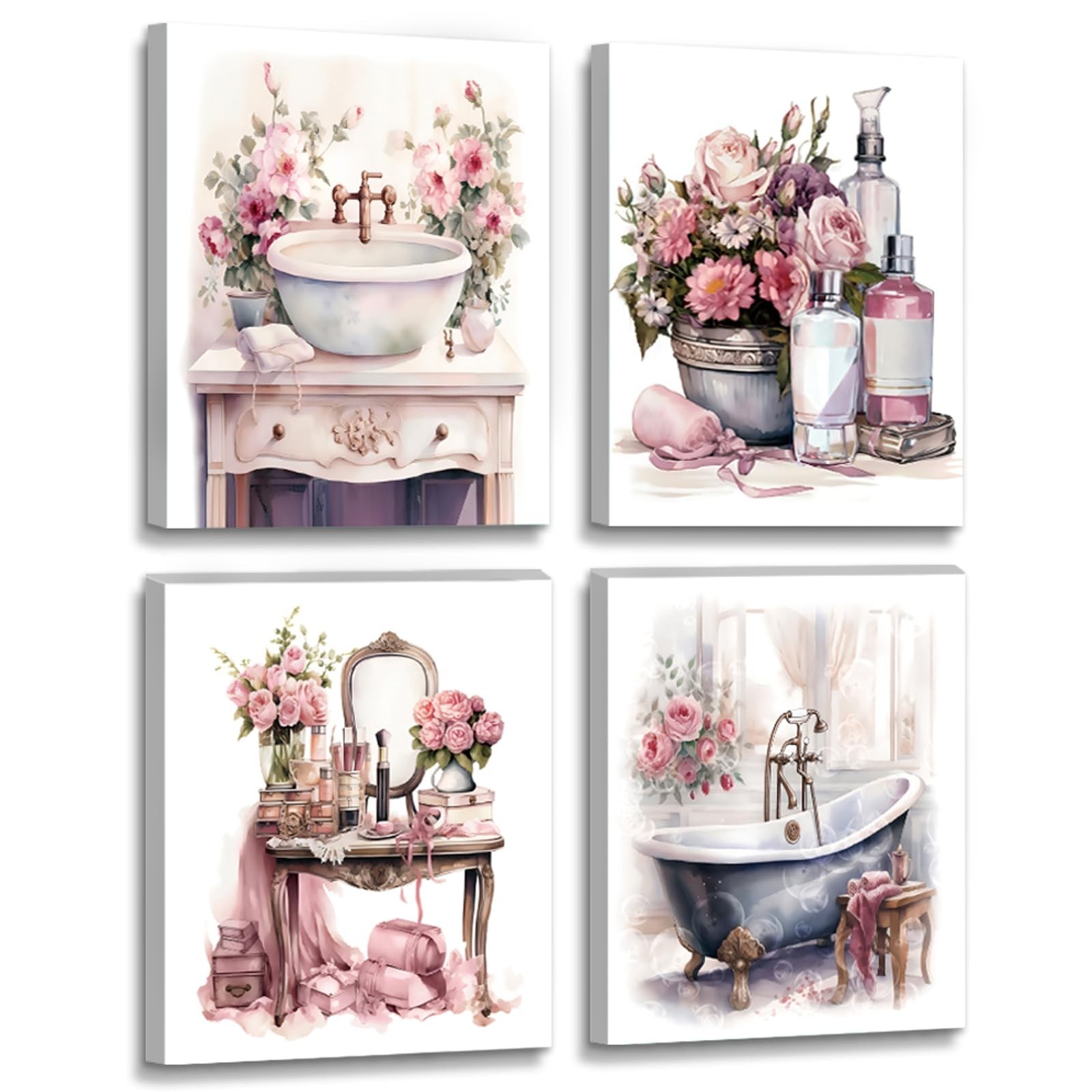 Pink Wall Art Prints Bathroom Wall Decor,Floral Framed Art Posters Girls Bedr…