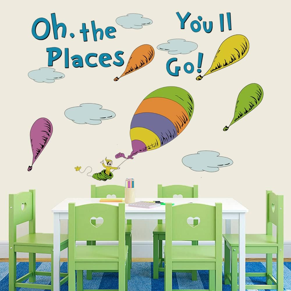 Oh The Places You'll Go Wall Decal Hot Air Balloon Quote Sticker Kids Room