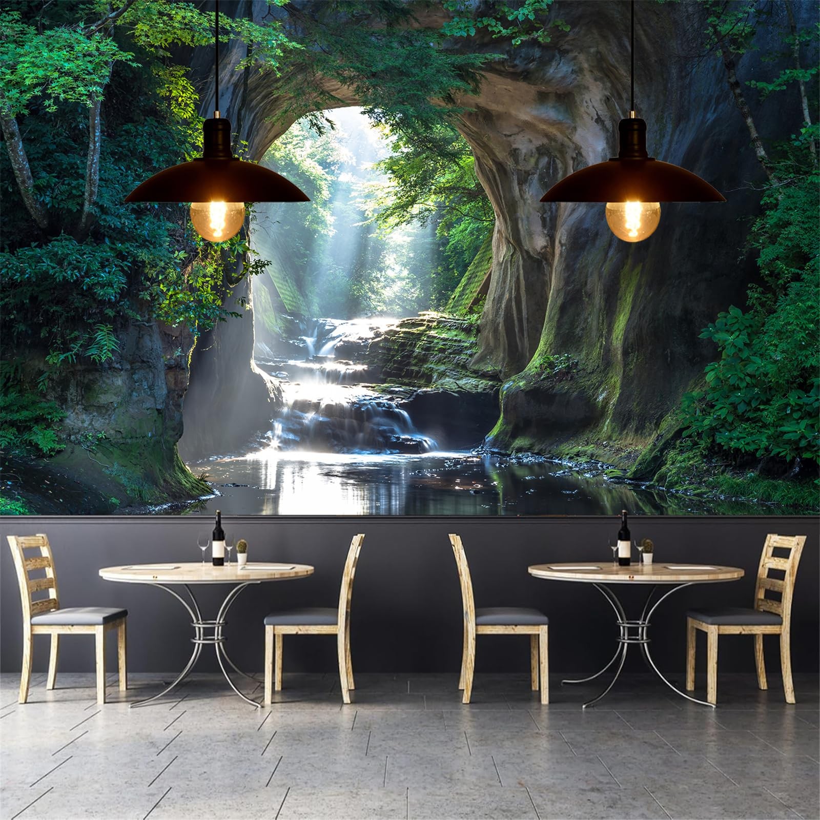 Waterfalls Flow Through Cave Peel and Stick Wall Murals 118"x78.7"-Self-Adhes…