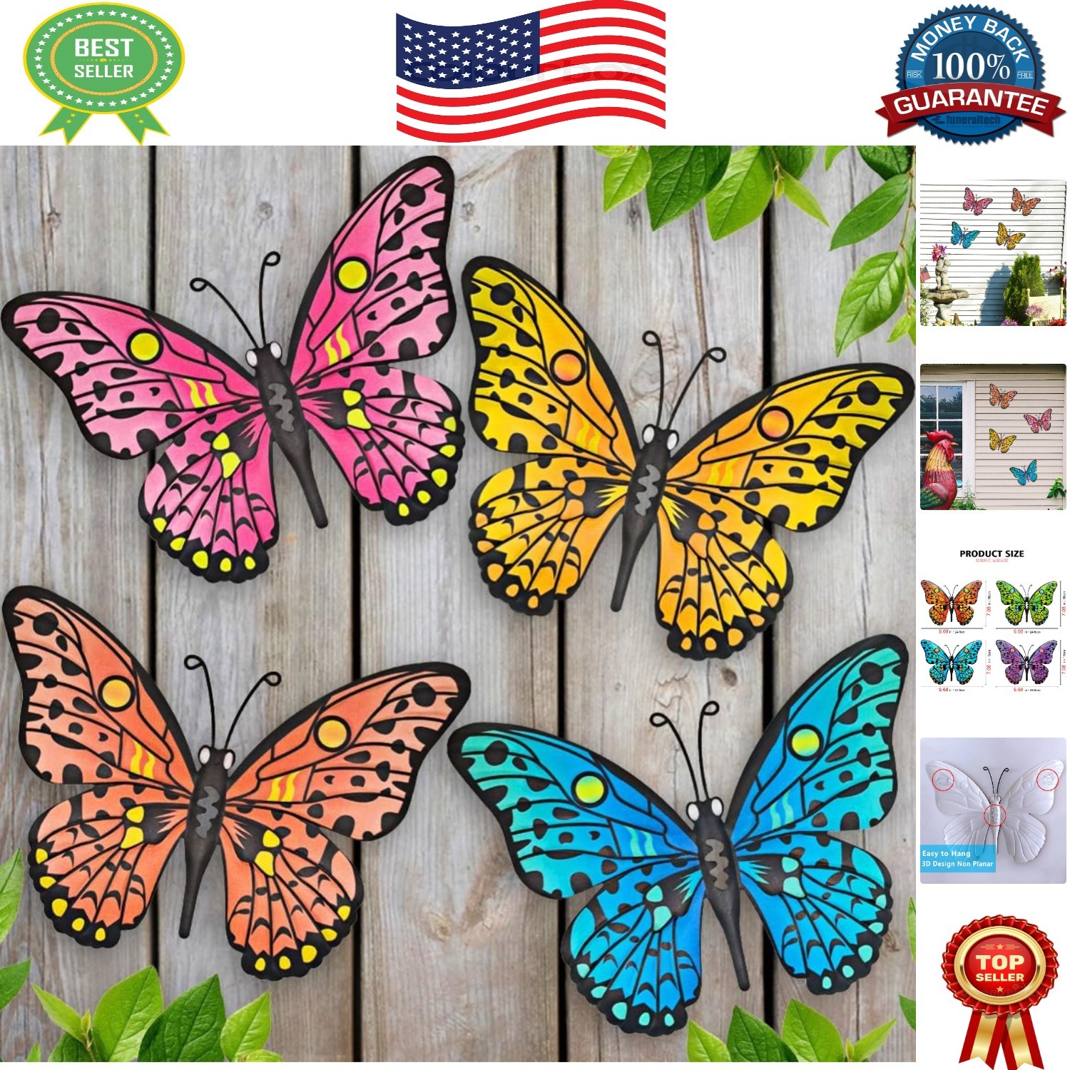 Durable Iron Butterfly Wall Decor – 9.6” Hanging Art for All Seasons – 4 Count