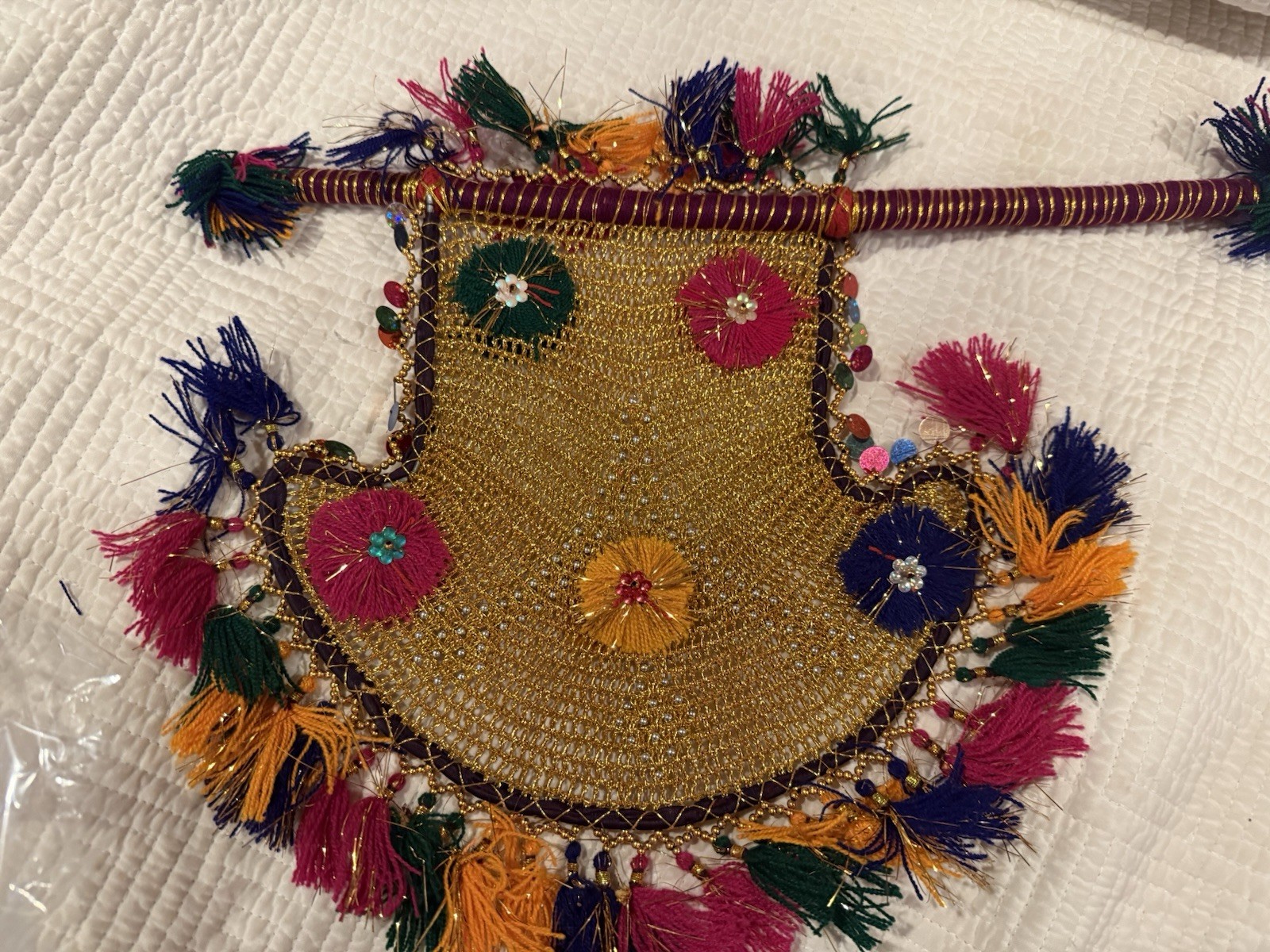 Decorative Hand Fan, golden with multi-color fringe, handmade