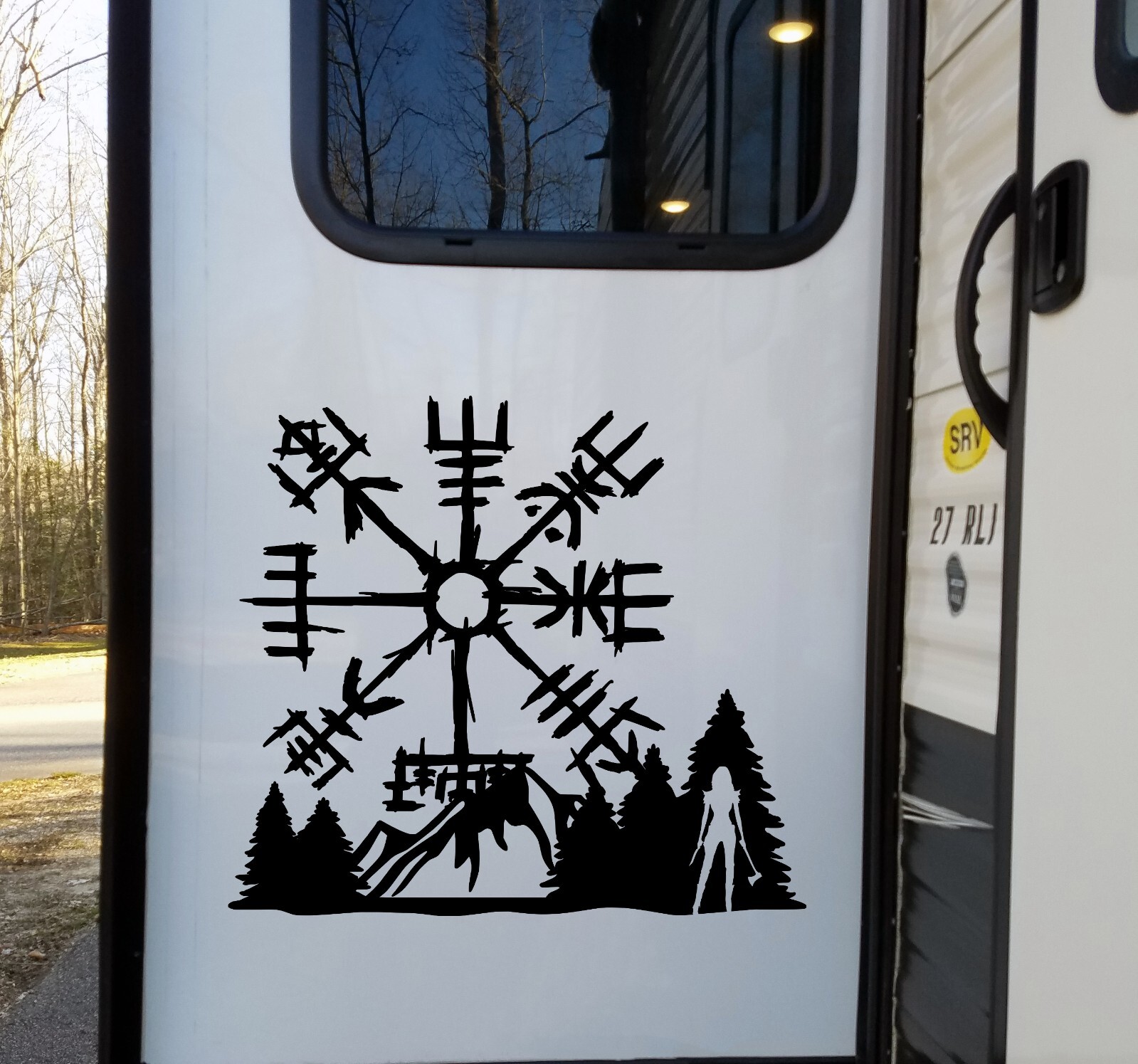 Viking Compass Scene Mountains Vinyl Decal V2 | Female Warrior in Trees
