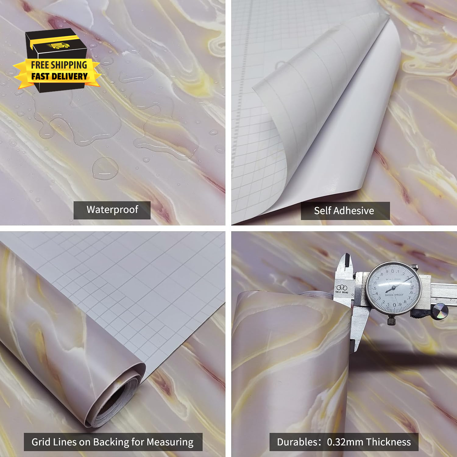 15.7"X354" Decorative Pink Marble Contact Paper for Countertops | Waterproof Rem
