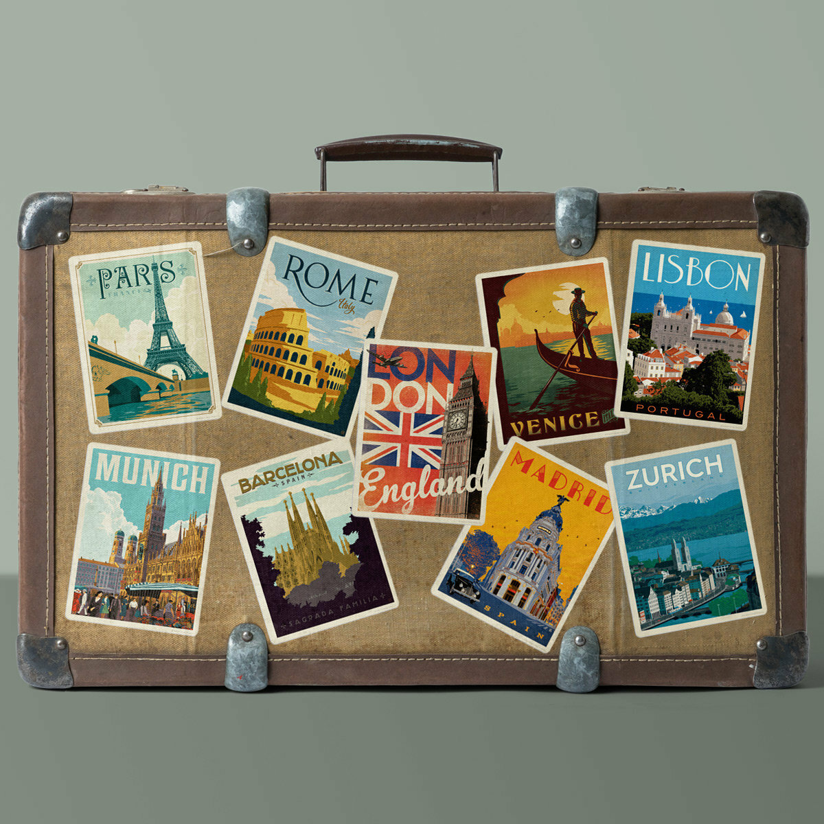 Great European Cities Vinyl Sticker Set of 9 Luggage Decals