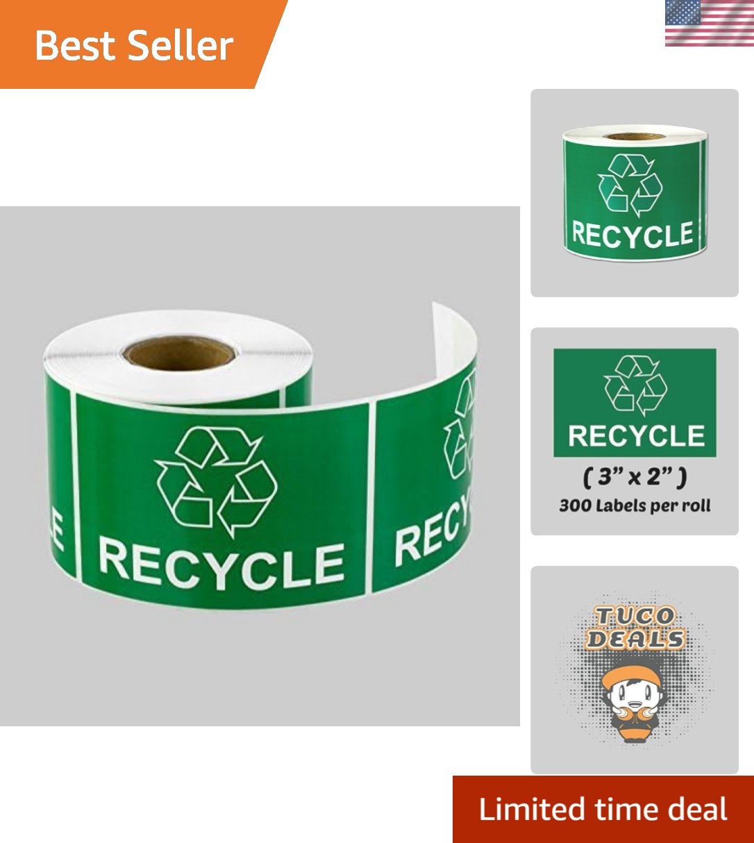 Recycling Sticker, 3 x 2 inch, Rectangle, Green, 300 Labels | Recycle Sticker…
