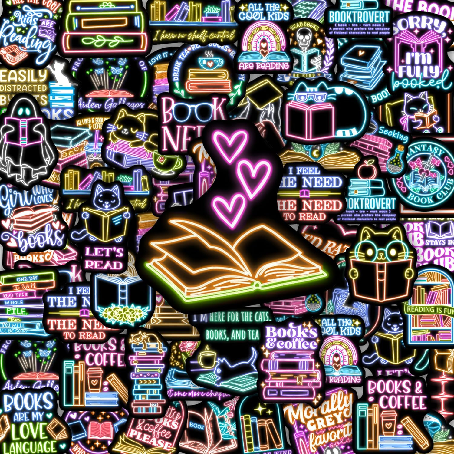 50 Pcs Kids Neon Book Stickers for Kindle, Vinyl Waterproof Bookish Water Bottle