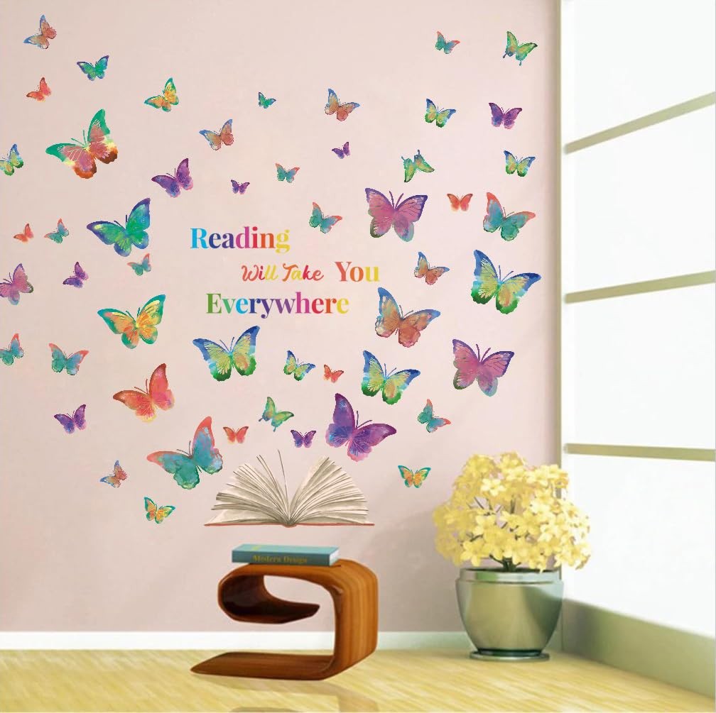 Colorful Butterfly Reading Book Wall Decal, Reading Will Take You Everywhere …