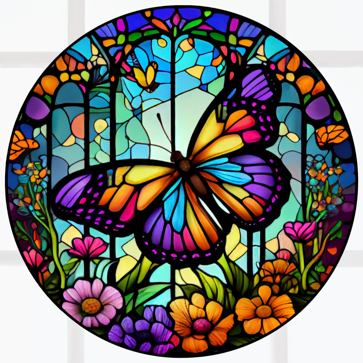 Butterfly Faux Stained-Glass WINDOW CLING Sun-catcher Size 8" Round Vinyl