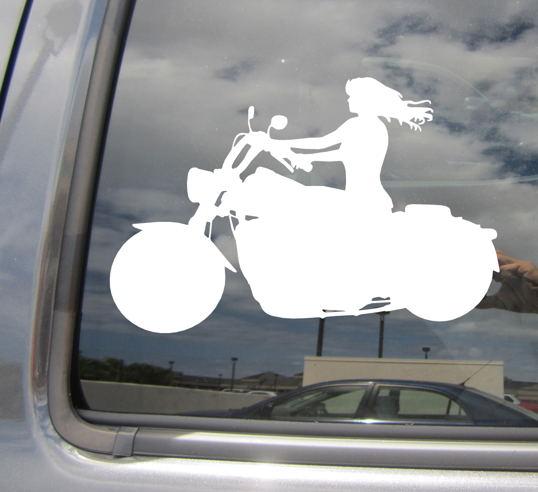 Girl Motorcycle Rider – Cycle Old Lady Biker – Auto Vinyl Decal Sticker 10020