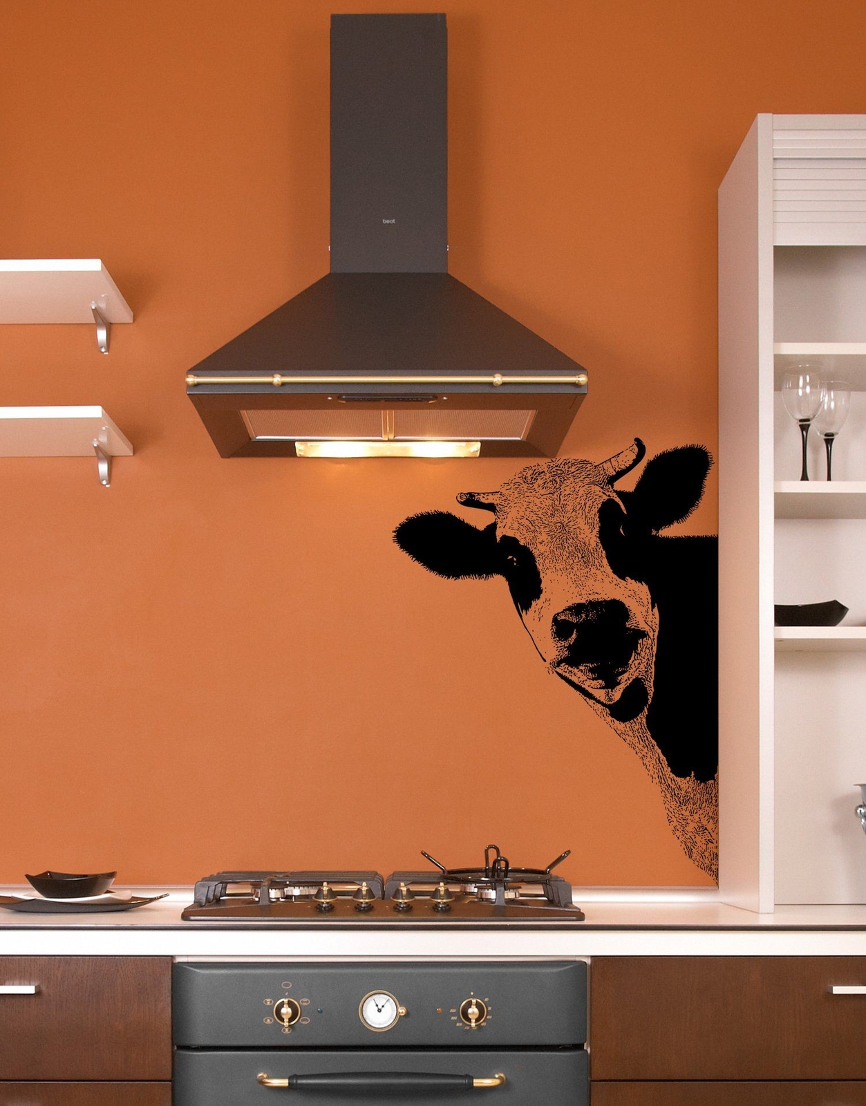 Kitchen Cow Wall Decal Sticker. Dining Room Cow Wall Art. Black Cow. #5476
