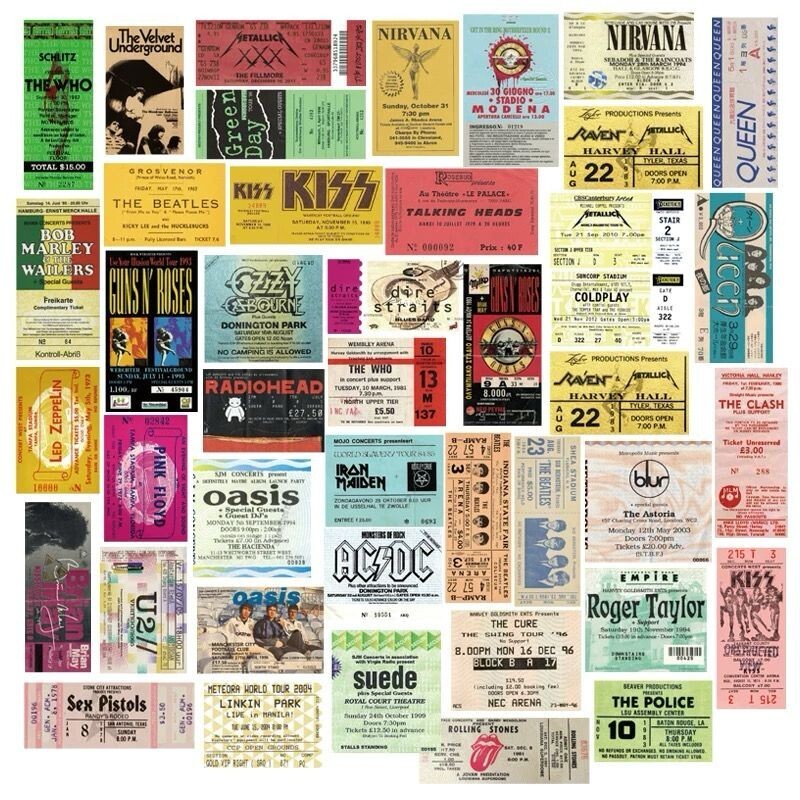 43 Heavy Metal Rock Band Ticket Stickers Decals 4 Laptops, Guitars, Skateboards