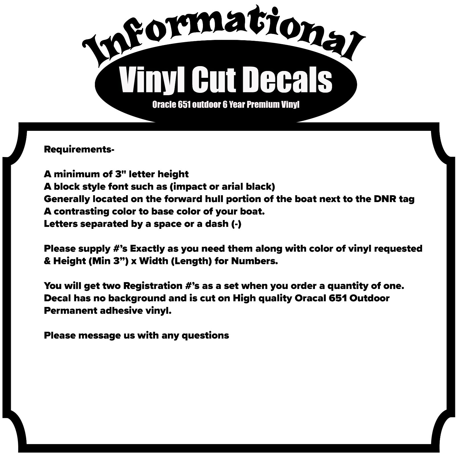 3" Custom Vinyl Boat Registration Decal-Qnty of 2 Hull ID