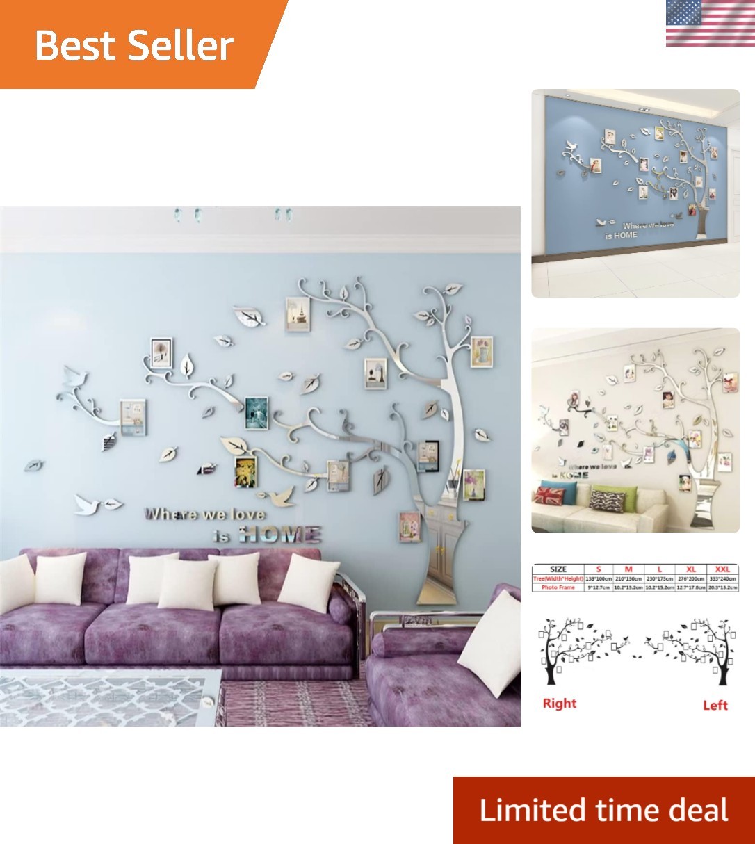 Customizable 3D Tree Wall Decal: Family Photo Frame Sticker, Waterproof, 54x39in