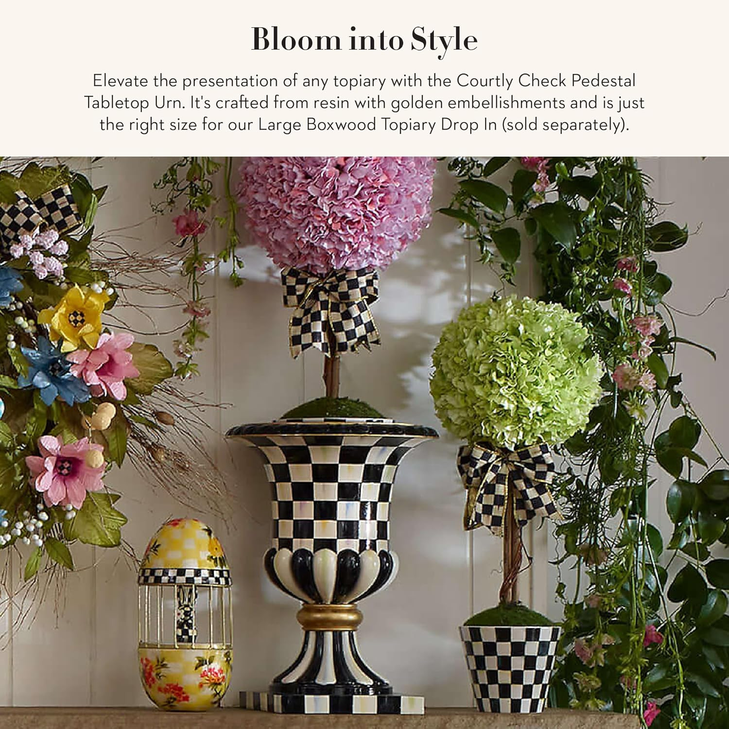 Tall Black-and-White Courtly Check Pedestal Tabletop Urn for Home Decor